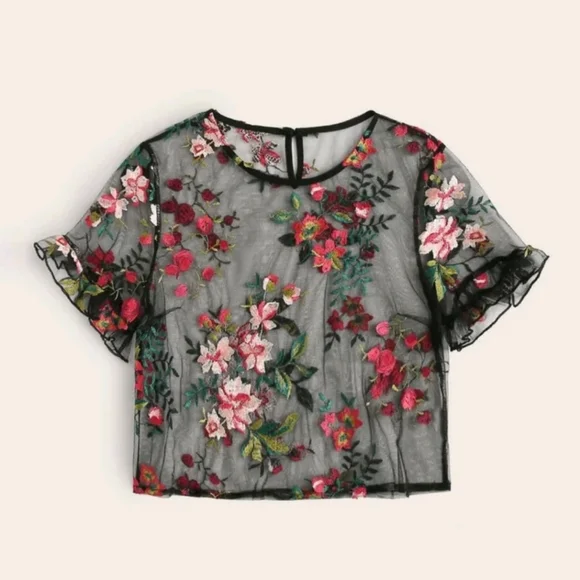 💙 NWOT Ruffle Cuff Embroidery Sheer Top - Picture 3 of 9